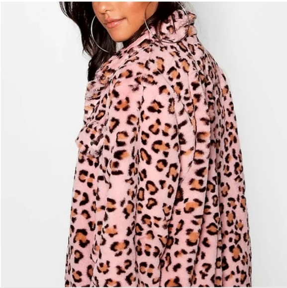 V.S..PINK " Know One Cares" Leopard Print Faux Fur Semi Cropped Jacket (Pink)-L - Picture 3 of 5